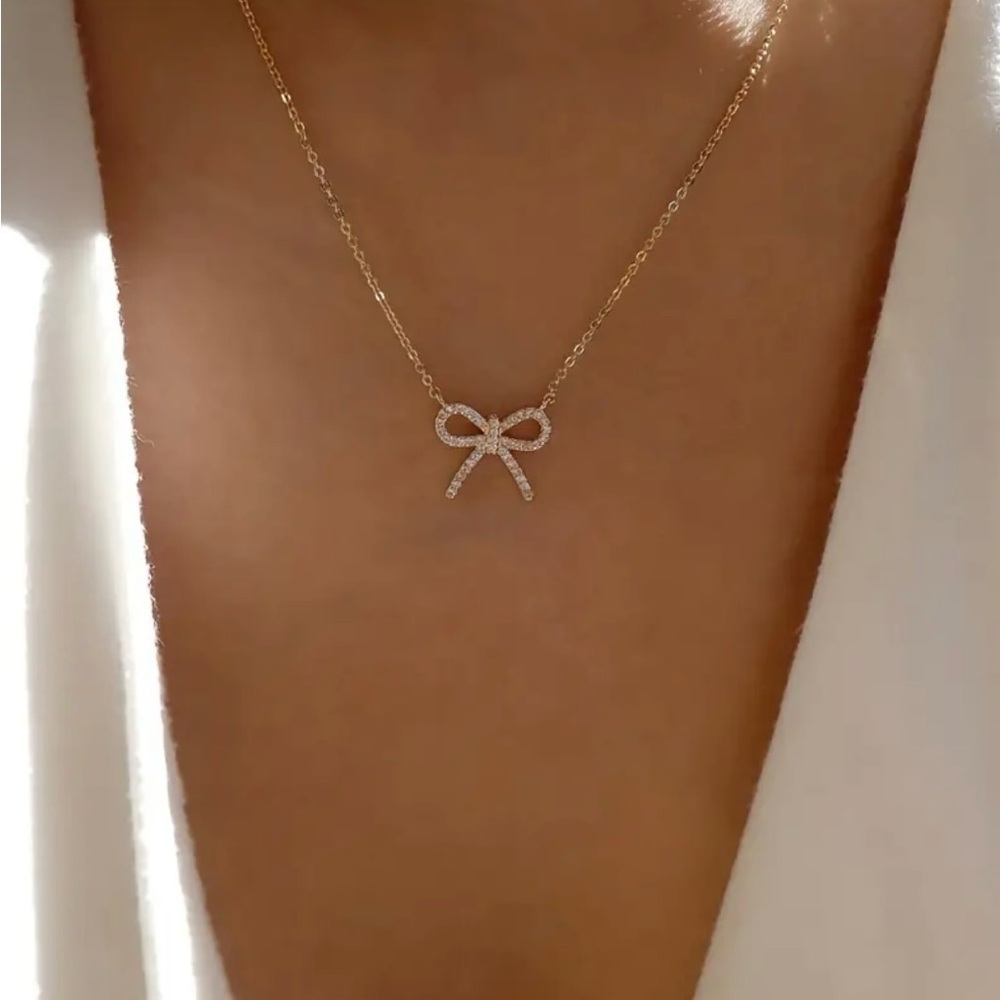 NEW - Coquette bow necklace sparkling rhinestone bow necklace, boho chic gold